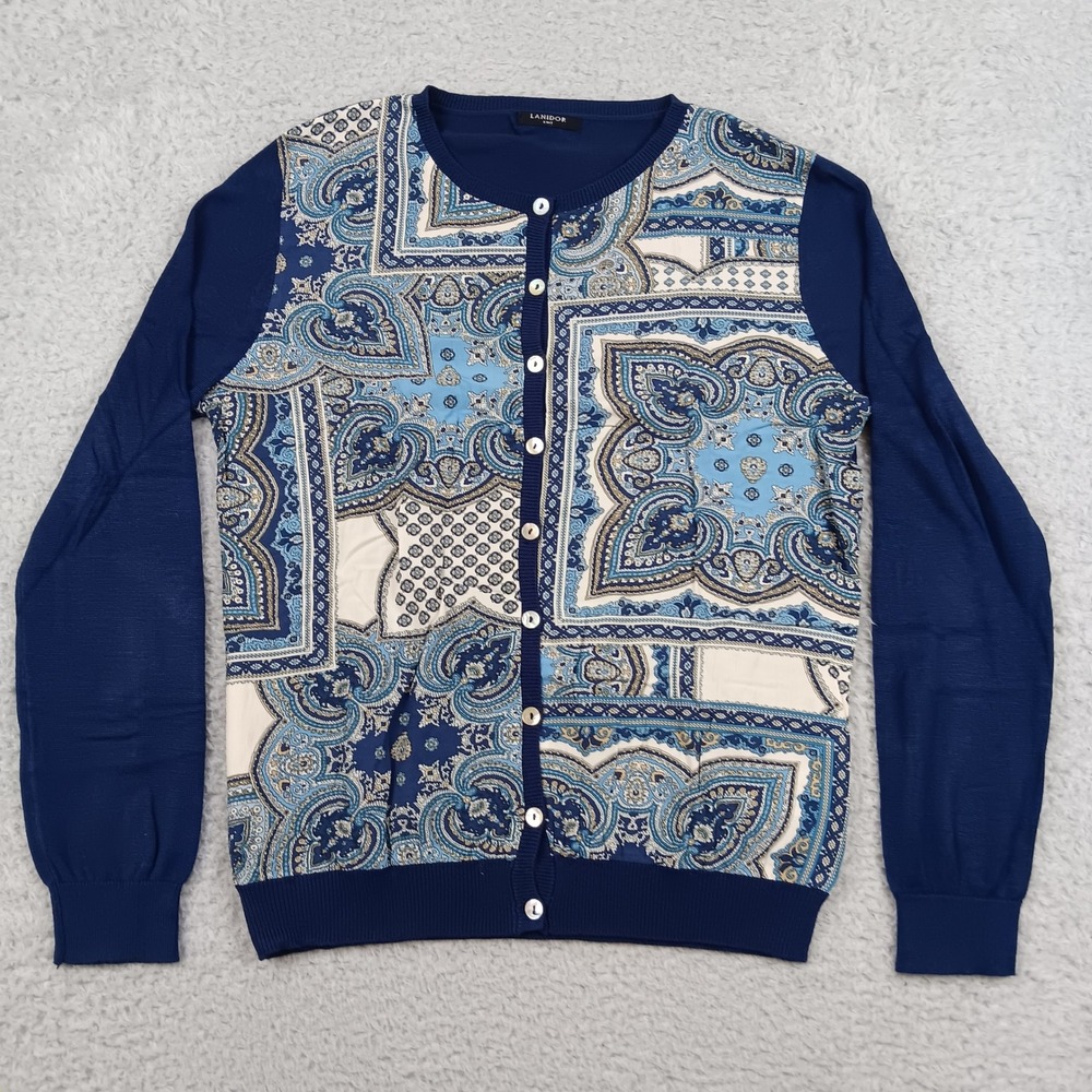 Lanidor Cardigan Sweater Women L Blue Paisley Scarf Print Front Button Up